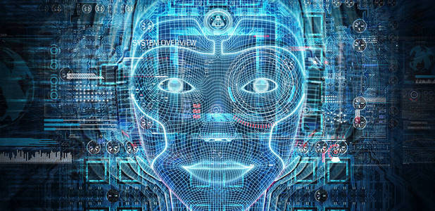 机器人女性半机人脸代表人工智能概念3d渲染照片