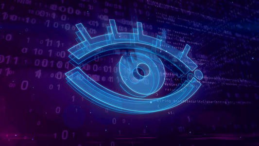 网络间谍和互联网监控。 监视和跟踪网络空间中的隐私，在数字背景3D插图上有眼睛符号。