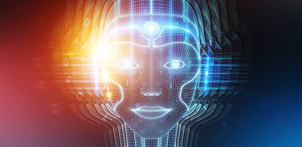 机器人女性半机人脸代表人工智能概念3d渲染照片