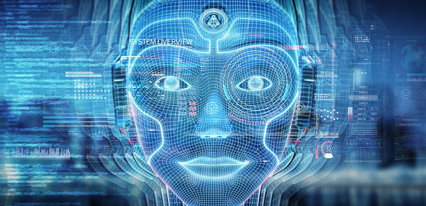 机器人女性半机人脸代表人工智能概念3D渲染