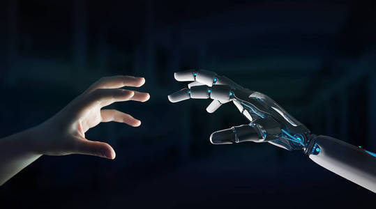 机器人手制作接触人手在黑暗背景三维渲染照片