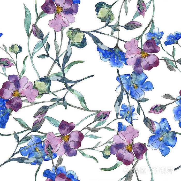 蓝紫亚麻花科植物花 野生春叶孤立 水彩插图套装 水彩画时尚服装 无缝背景图案 织物壁纸印花纹理 照片 正版商用图片17endi 摄图新视界