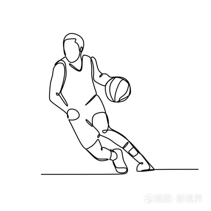 一个单画连续线男孩打篮球手绘图片剪影线条艺术