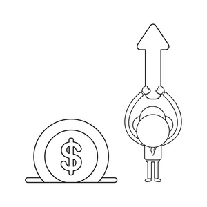 矢量插图商人角色举起箭头向上移动和美元硬币进入钱箱洞。 黑色轮廓。