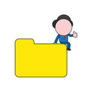 矢量插图商人角色坐在封闭的文件夹和显示拇指向上。 颜色和黑色轮廓。