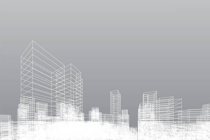 插画 抽象线框城市背景. 建筑线框的透视三维渲染. 矢量图.eps