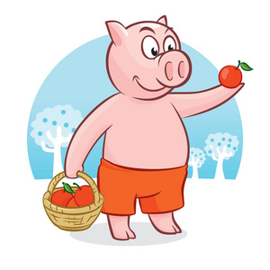 可爱的猪与苹果篮子向量例证