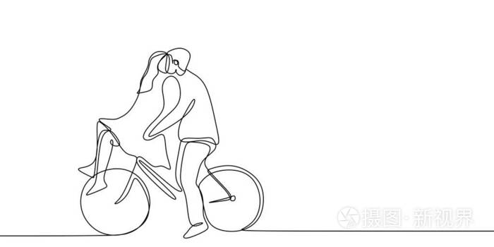连续线绘制可爱浪漫情侣在爱情骑自行车矢量插图