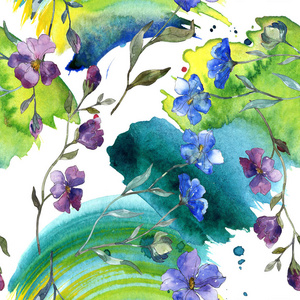 蓝紫亚麻花科植物花。 野生春叶孤立。 水彩插图套装。 水彩画时尚服装。 无缝背景图案。 织物壁纸印花纹理。