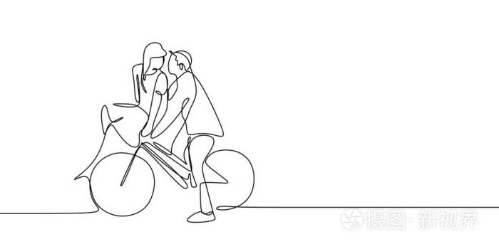 连续线绘制可爱浪漫情侣在爱情骑自行车矢量插图.