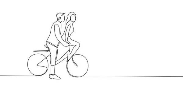 连续线绘制可爱浪漫的年轻夫妇在爱情骑自行车矢量插图。