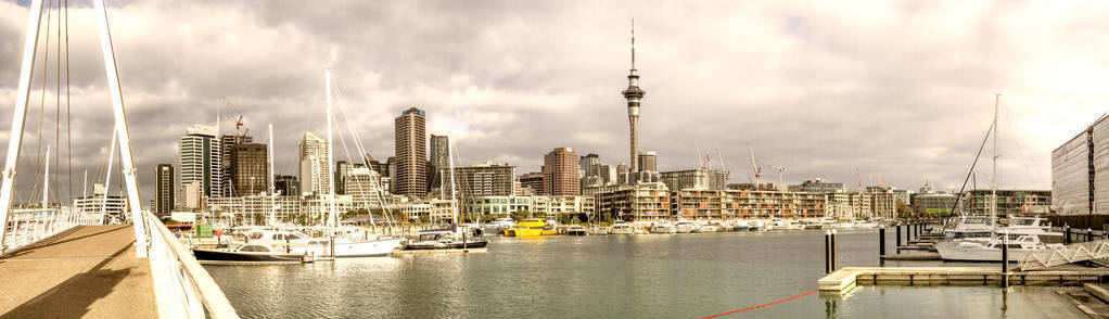 城市天际线和港口全景在多云的下午奥克兰新西兰。