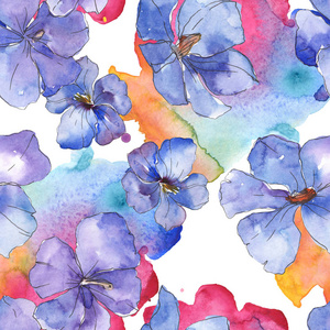 蓝紫亚麻花科植物花..野春叶隔离..水彩插图一套..水彩画时尚服装。无缝背景图案。面料壁纸印花纹理..