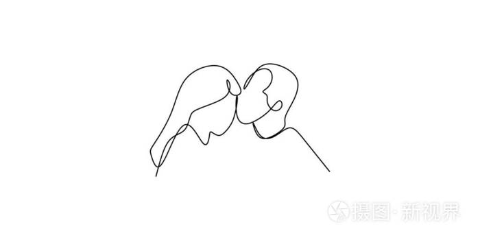 一对夫妇接吻矢量插图的连续线绘制