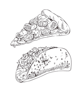 芝士披萨和填充塔科远离食品图标集