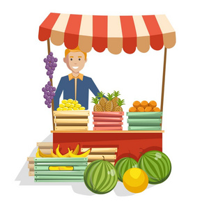 木制柜台与水果和男子卖家矢量插图。
