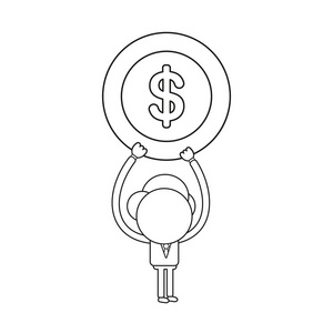 矢量插图商人角色持有美元硬币。 黑色轮廓。