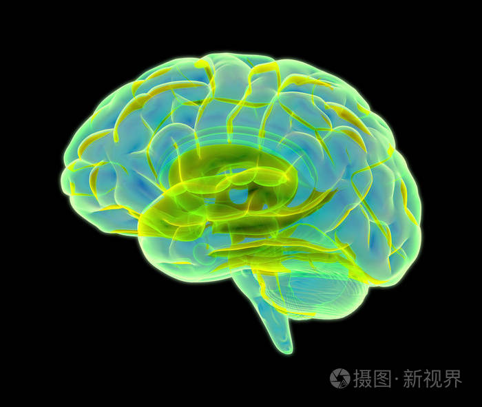 3d彩色发光x射线大脑插图绿色色调隔离在黑暗背景与剪裁路径在任何