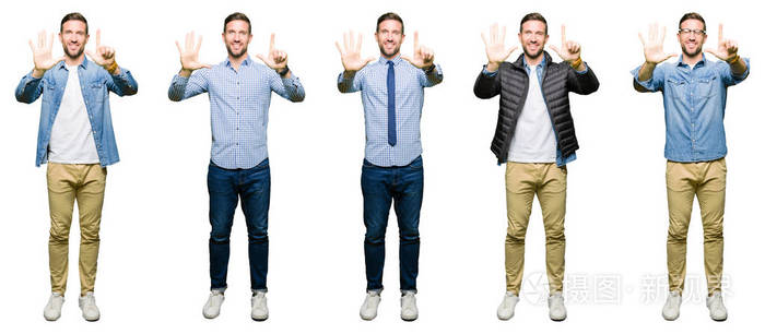 拼贴吸引人的年轻人在白色孤立的背景上显示和举着手指七，同时微笑自信和快乐。