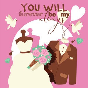 婚礼概念向量例证。你将永远是我永远的海报, 横幅, 小册子。新郎和新娘的服装, 衬衫和蝴蝶结的夹克, 白色的礼服。早午餐的花。一