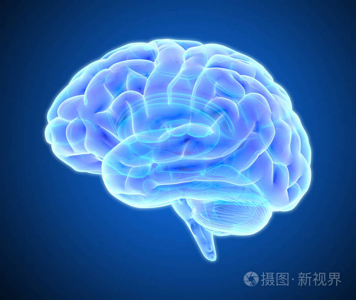照片 3d蓝紫色发光x射线大脑插图隔离在黑暗背景与裁剪路径,用于模切