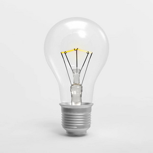三维灯泡想法和创意符号与发光灯丝隔离在白色背景和裁剪路径，用于模切在任何背景下使用
