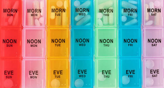 每日提醒容器内有处方和替代药丸的药物