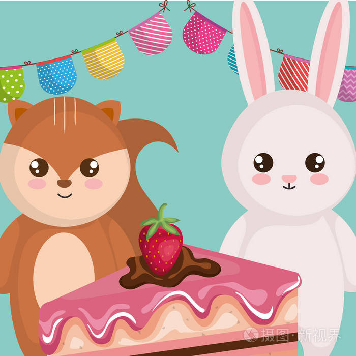 可爱的小兔子和花栗鼠与蛋糕