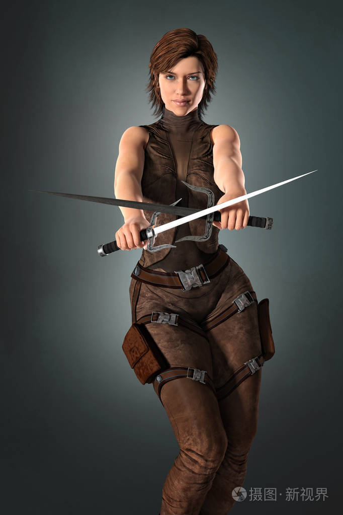 一个女人拿着两把剑的三维数字绘画插图适合书封面艺
