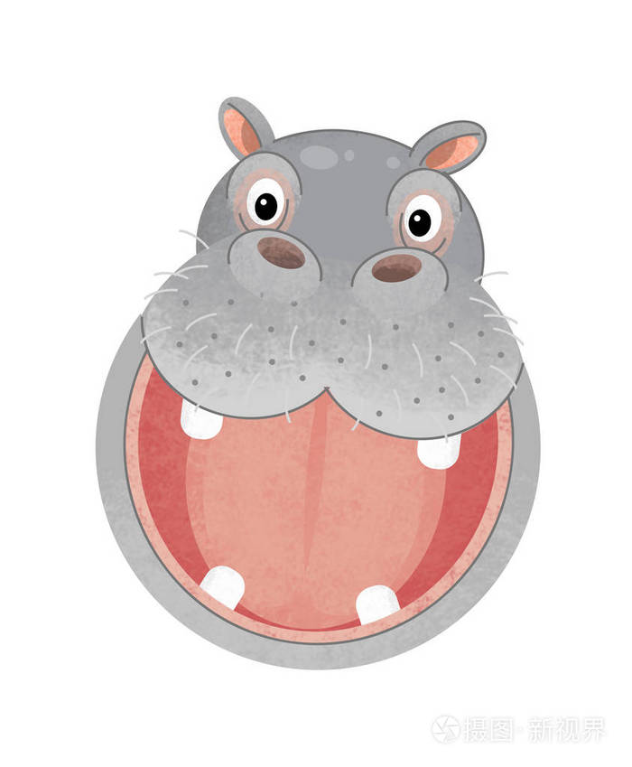 儿童用白色背景插图中带有河马头的卡通场景