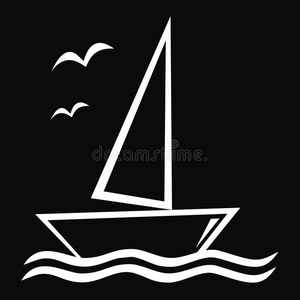 帆船，黑色背景白色插图，eps。