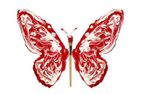 白红色颜料和画笔做成蝴蝶
