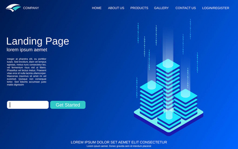 网站登陆页面矢量模板。 蓝色背景与数字技术等距概念插图。 网页横幅及应用设计