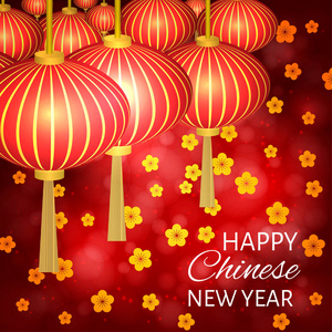 中国新年矢量插图与灯笼和樱花在鲜红的背景。 易于编辑设计模板。 可用作贺卡横幅邀请函等。