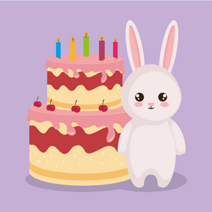 一个有趣的卡通风格的矢量插图小兔子坐在这块蛋糕可爱的小兔子佑 