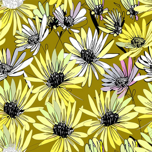 花紫锥菊写意画，黄色，灰色，黑色，粉红色和米色，无缝图案，金色米色背景。