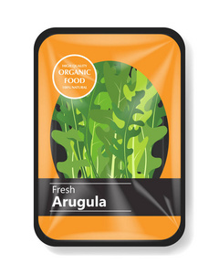 arugula 沙拉叶, 带有塑料托盘容器和玻璃纸盖。模拟模板为您的沙拉设计。塑料食品容器。向量例证