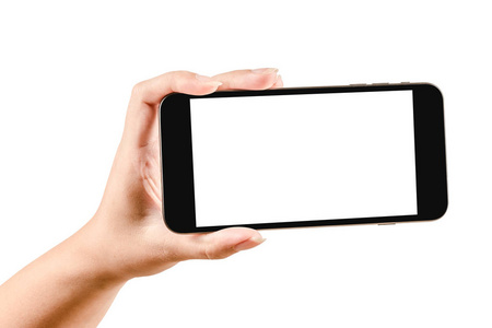 药剂师展示手机特写特写手拿黑色手机隔离在白色背景上.