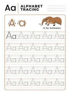 字母表跟踪书与例子和有趣的食蚁兽漫画。 用于练习精细运动技能的学前工作表。 儿童矢量插图。