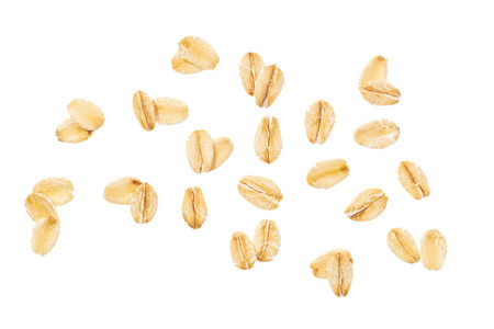 干燥的生燕麦片分离在白色背景上。 小麦麸皮麸皮薏米薏米麦片，用于月饼或麦片