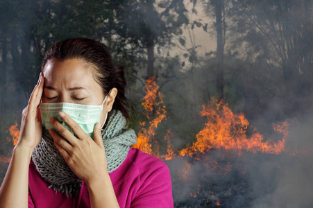 亚洲妇女戴口罩防止空气污染。 野火在森林里燃烧着红色和橙色的树木，沿着烟雾和火焰。