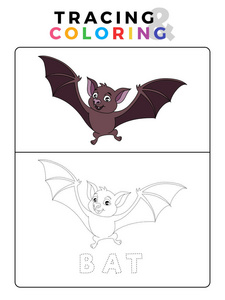 有趣的蝙蝠追踪和着色书与例子。 学前工作表，用于练习精细的运动和颜色识别技能。 儿童矢量动物卡通插图。