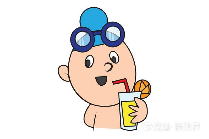 矢量卡通插图可爱的沙丁鱼宝宝喝果汁.孤立在白色背景.