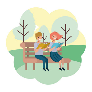 公园椅子上的年轻夫妇化身角色