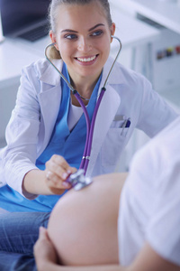 一名年轻女医生在诊所检查孕妇