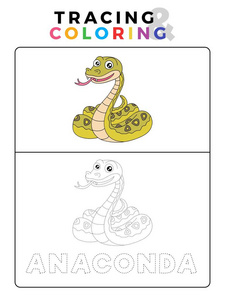 有趣的蛇动物追踪和着色书与例子。 学前工作表，用于练习精细的运动和颜色识别技能。 儿童矢量卡通插图。