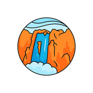高山岩石瀑布全景图,圆形框架.简单的平面卡通风格矢量设计.照片