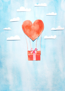 情人节卡片模板与热气球飞行在云层上方。 物体从纸上剪下来，画在水彩上。