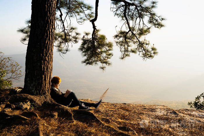 坐在松树下读书写字,眺望美丽的自然景色