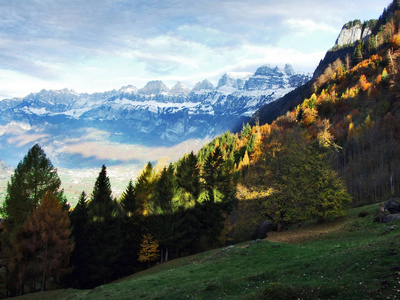 瑞士圣加仑丘尔弗林山脉各州高山峰的全景